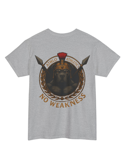 Athlo Athletics WarHound T-Shirt in gray back view featuring Spartan pit bull “No Weakness” design.