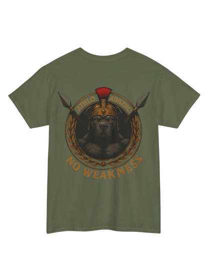 Athlo Athletics WarHound T-Shirt in military green back view showing Spartan pit bull “No Weakness” artwork.