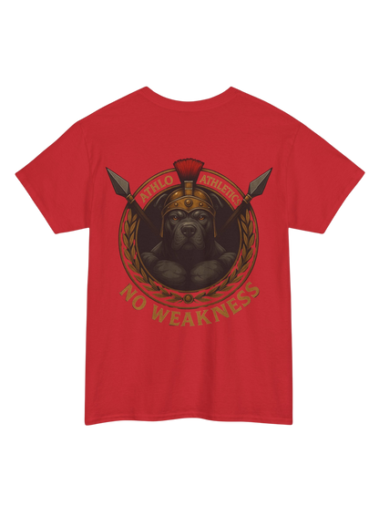 Athlo Athletics WarHound T-Shirt in red back view featuring pit bull Spartan “No Weakness” design.
