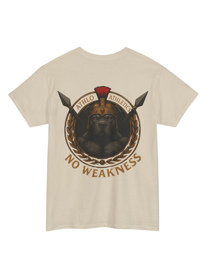 Athlo Athletics WarHound T-Shirt in sand back view featuring Spartan pit bull “No Weakness” artwork.