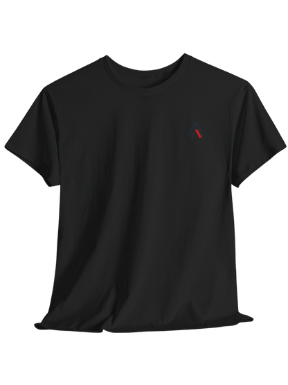 Athlo Athletics Cosmic Strength T-shirt front view in black with minimalist Athlo Athletics logo on chest for a bold athletic look.