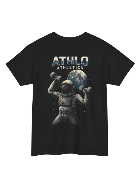 Athlo Athletics Cosmic Strength T-shirt back view in black with astronaut lifting dumbbells design under moon, representing strength through struggle.