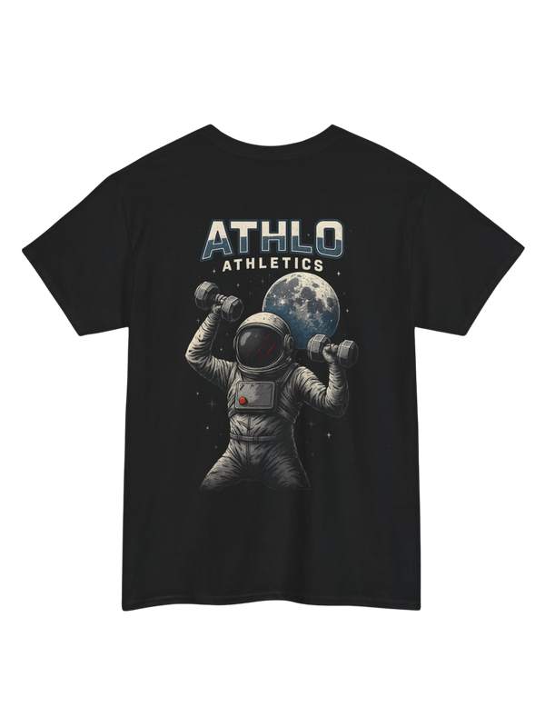 Athlo Athletics Cosmic Strength T-shirt back view in black with astronaut lifting dumbbells design under moon, representing strength through struggle.