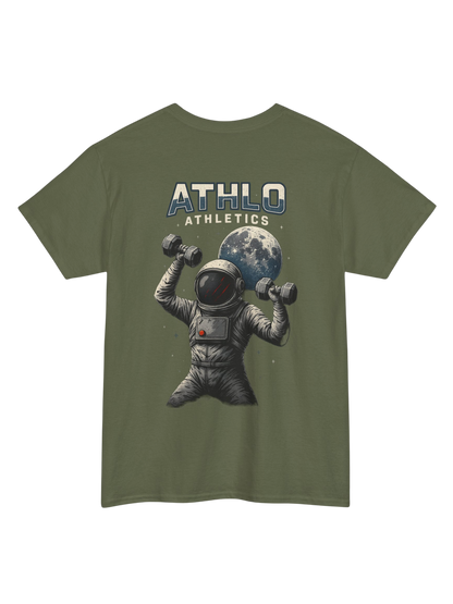 Athlo Athletics Cosmic Strength T-shirt back view in military green with astronaut lifting weights under moon design representing strength beyond limits.