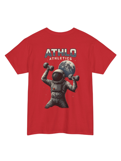 Athlo Athletics Cosmic Strength T-shirt back view in red showing astronaut dumbbell artwork and Athlo Athletics branding.