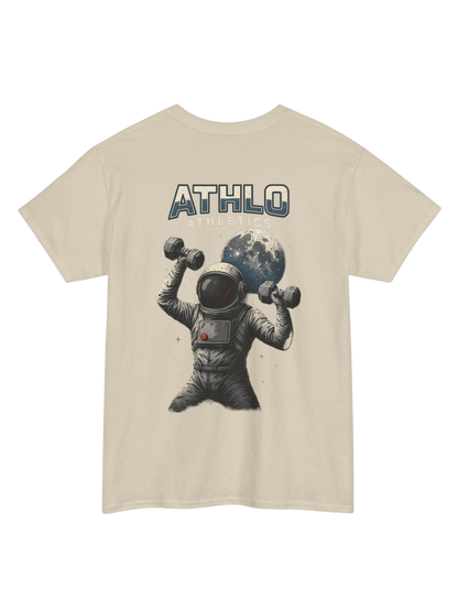 Athlo Athletics Cosmic Strength T-shirt front view in red featuring subtle Athlo Athletics logo on chest.