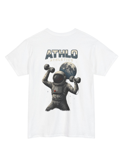Athlo Athletics Cosmic Strength T-shirt back view in white featuring detailed astronaut workout illustration with moon background.
