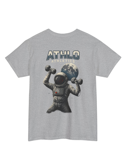 Athlo Athletics Cosmic Strength T-shirt back view in gray featuring astronaut lifting dumbbells with moon background design.