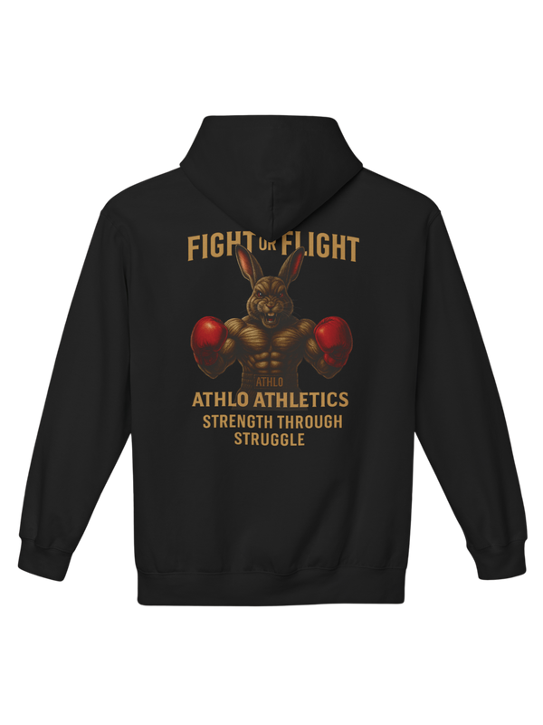 Athlo Athletics Fight or Flight hoodie back view in black featuring muscular boxing rabbit design with red gloves and Athlo Athletics Strength Through Struggle text.