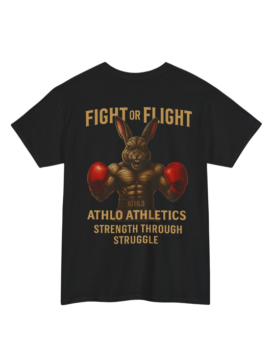 Athlo Athletics Fight or Flight T-shirt back view in black featuring powerful boxing rabbit graphic with Strength Through Struggle slogan.