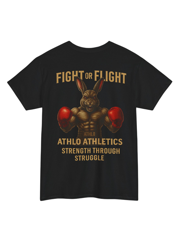 Athlo Athletics Fight or Flight T-shirt back view in black featuring powerful boxing rabbit graphic with Strength Through Struggle slogan.