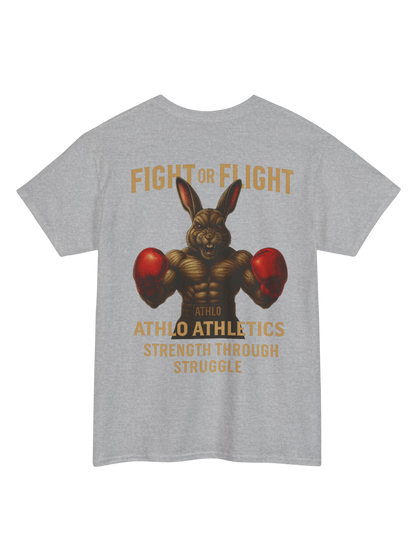 Athlo Athletics Fight or Flight T-shirt back view in gray featuring muscular boxing rabbit design and Strength Through Struggle slogan.