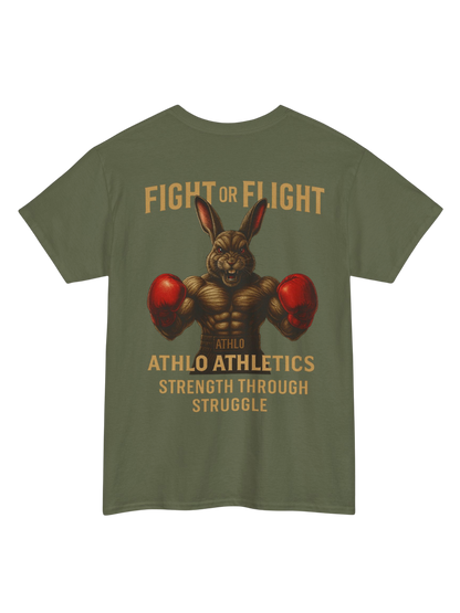 Athlo Athletics Fight or Flight T-shirt back view in military green with fierce boxing rabbit artwork symbolizing strength and resilience.