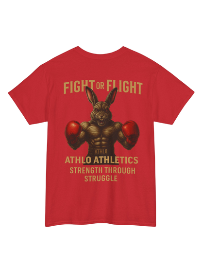 Athlo Athletics Fight or Flight T-shirt back view in red showing aggressive boxing rabbit design and Strength Through Struggle text.