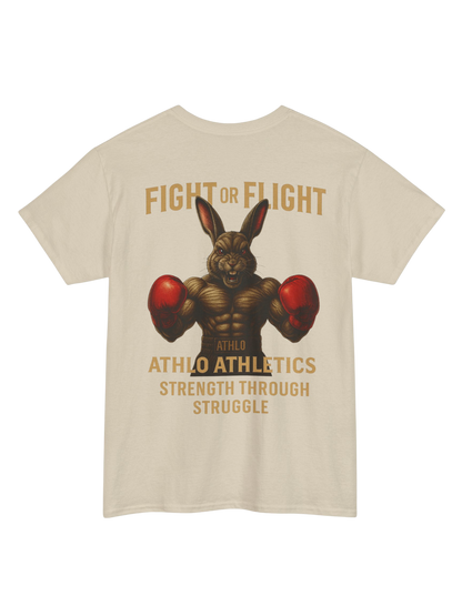 Athlo Athletics Fight or Flight T-shirt back view in sand color with bold boxing rabbit graphic representing warrior mindset.