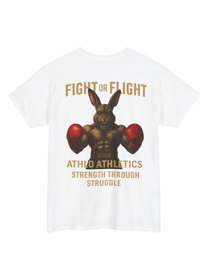 Athlo Athletics Fight or Flight T-shirt back view in white with strong boxing rabbit design and Athlo Athletics branding.