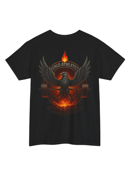 Athlo Athletics Forged in Flame T-shirt back view in black showing fiery phoenix and barbell artwork, representing strength through struggle.