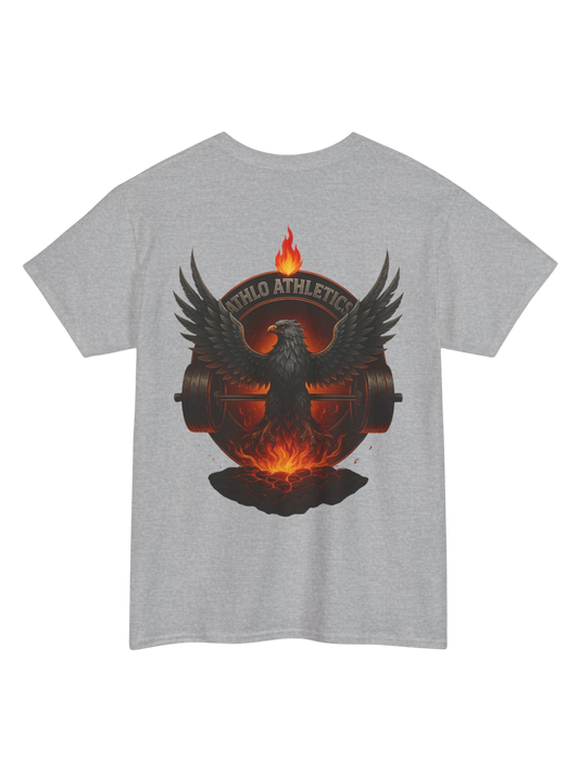 Athlo Athletics Forged in Flame T-shirt back view in gray featuring phoenix rising from fire and barbell design, symbolizing rebirth and strength.