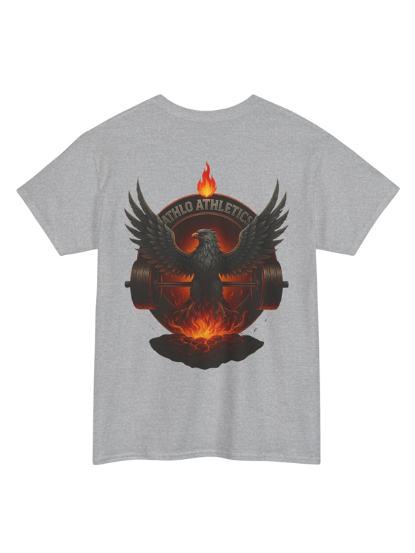 Athlo Athletics Forged in Flame T-shirt back view in gray featuring phoenix rising from fire and barbell design, symbolizing rebirth and strength.