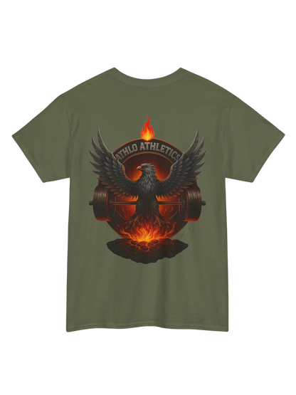 Athlo Athletics Forged in Flame T-shirt back view in military green showing fiery phoenix with barbell and Athlo Athletics crest, gym wear design.