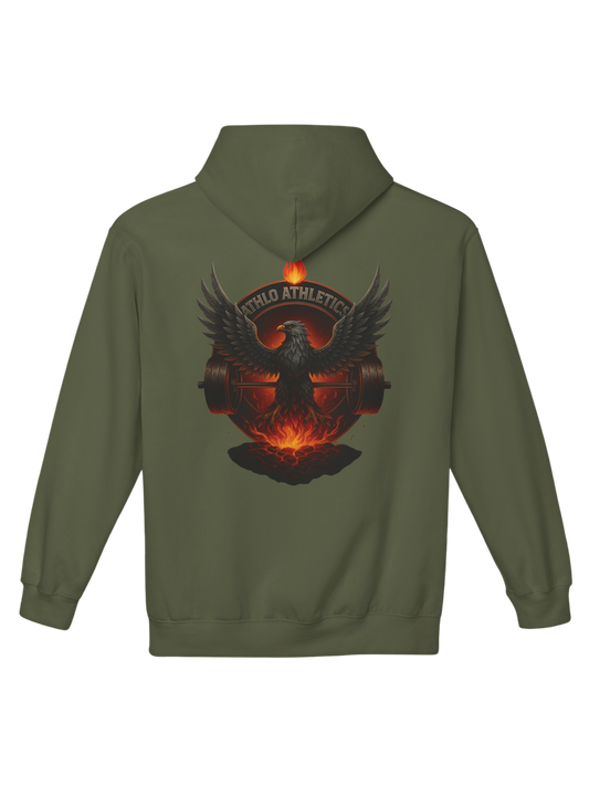 Athlo Athletics Forged in Flame hoodie back view in military green showing phoenix bursting from molten lava with barbell wings design symbolizing forged strength.