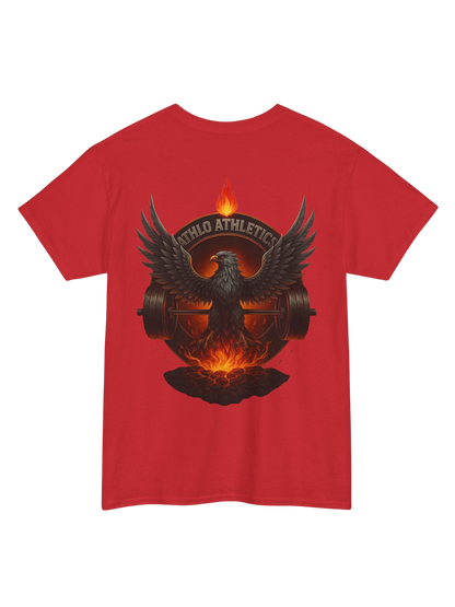 Athlo Athletics Forged in Flame T-shirt back view in red with powerful phoenix emerging from flames and barbell, strength-inspired design.