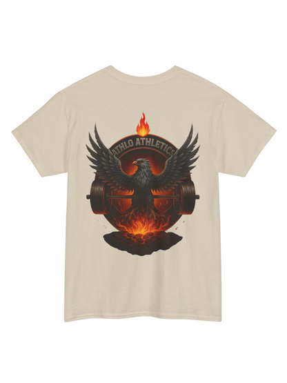 Athlo Athletics Forged in Flame T-shirt back view in sand color with detailed phoenix and barbell rising from molten fire, symbol of endurance.