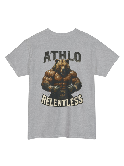 Athlo Athletics Relentless Grizzly T-shirt back view in gray featuring muscular bear graphic and bold ATHLO RELENTLESS text, gym apparel design.