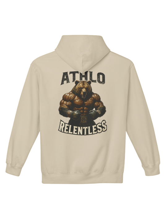 Athlo Athletics Angel of Truth hoodie back view in sand color featuring winged angel artwork and red Truth typography symbolizing strength through struggle.