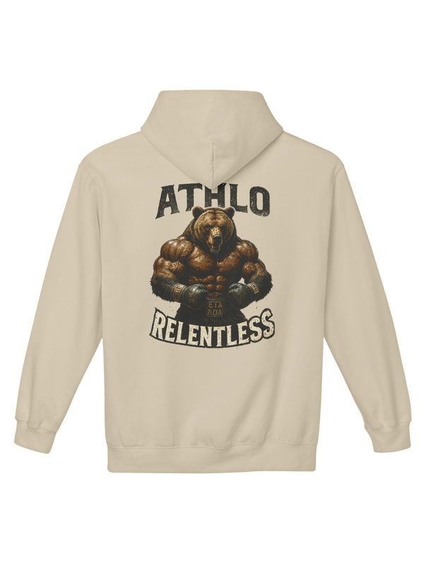 Athlo Athletics Angel of Truth hoodie back view in sand color featuring winged angel artwork and red Truth typography symbolizing strength through struggle.