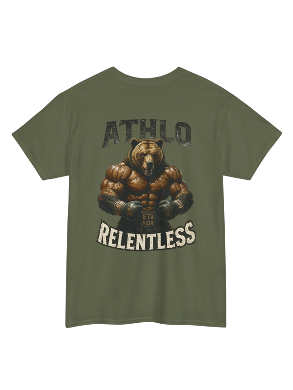 Athlo Athletics Relentless Grizzly T-shirt back view in military green showing fierce bear illustration with ATHLO RELENTLESS lettering, strength-inspired gym wear.