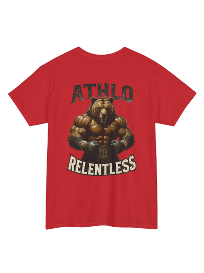 Athlo Athletics Relentless Grizzly T-shirt back view in red with aggressive bear graphic and ATHLO RELENTLESS text, bold fitness design.