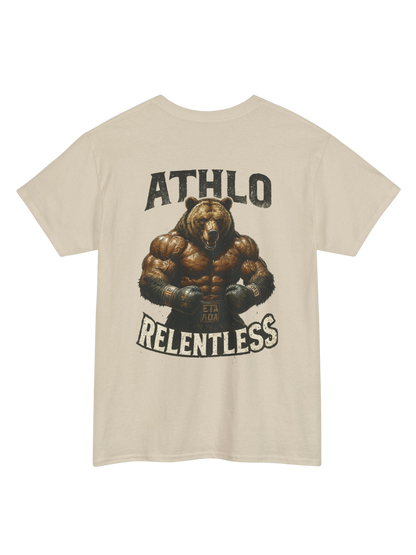 Athlo Athletics Relentless Grizzly T-shirt back view in sand color featuring powerful bear design and ATHLO RELENTLESS branding, symbol of strength.