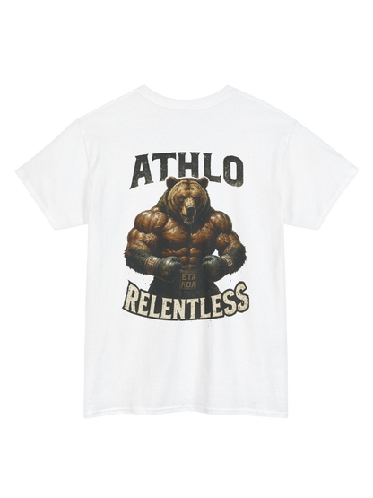 Athlo Athletics Relentless Grizzly T-shirt back view in white with muscular bear artwork and ATHLO RELENTLESS text, bold gym wear design.