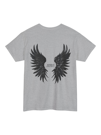 Athlo Athletics Rise Above T-shirt back view in heather gray with bold black wing print and Athlo Athletics branding.