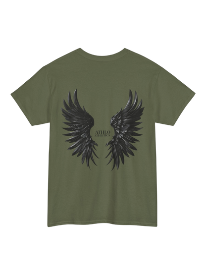 Athlo Athletics Rise Above T-shirt back view in military green featuring black angel wings design and Athlo Athletics logo.