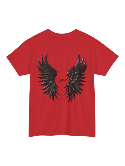Athlo Athletics Rise Above T-shirt back view in red with black wing design symbolizing strength and resilience.