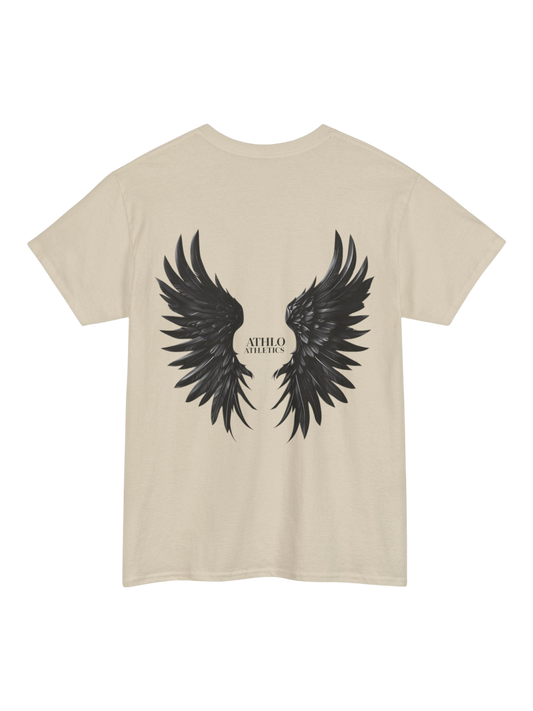 Athlo Athletics Rise Above T-shirt back view in sand color with detailed black wings graphic and Athlo Athletics text.