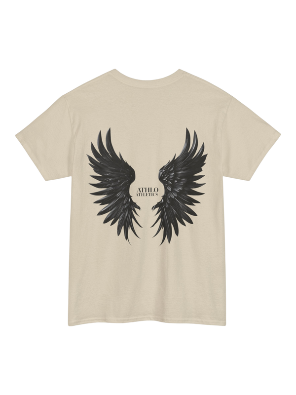 Athlo Athletics Rise Above T-shirt back view in sand color with detailed black wings graphic and Athlo Athletics text.