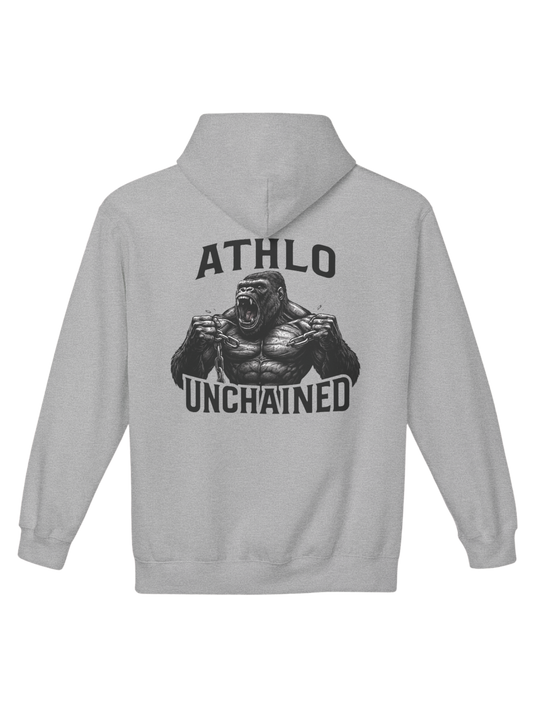 Athlo Athletics Unchained Strength hoodie back view in gray featuring roaring gorilla breaking chains with ATHLO UNCHAINED text symbolizing unleashed power.