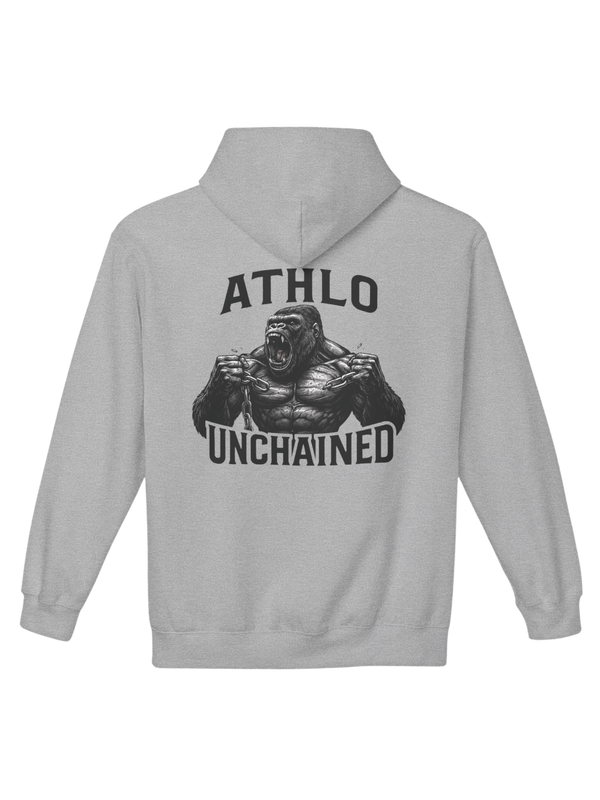 Athlo Athletics Unchained Strength hoodie back view in gray featuring roaring gorilla breaking chains with ATHLO UNCHAINED text symbolizing unleashed power.