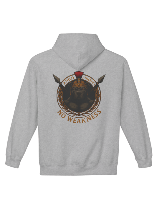 Athlo Athletics Warhound hoodie back view in gray featuring Spartan war dog design with laurel wreath and No Weakness motto symbolizing discipline and courage.