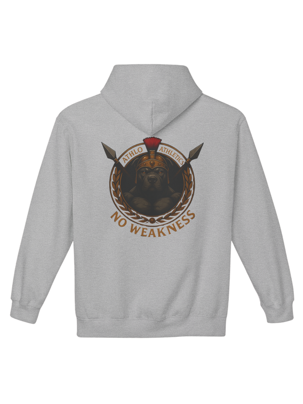 Athlo Athletics Warhound hoodie back view in gray featuring Spartan war dog design with laurel wreath and No Weakness motto symbolizing discipline and courage.