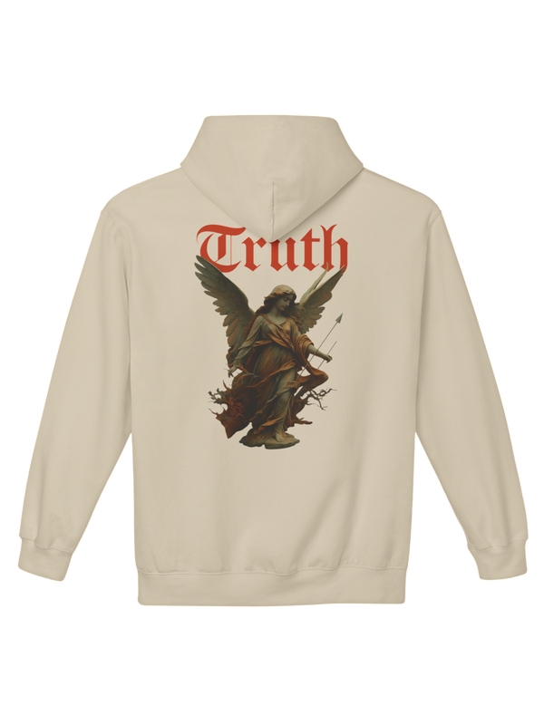 Athlo Athletics Angel of Truth hoodie back view in sand color featuring winged angel artwork and red Truth typography symbolizing strength through struggle.