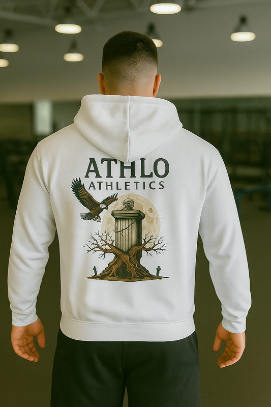 Person wearing a white hoodie with 'ATHLO Athletics' design on the back